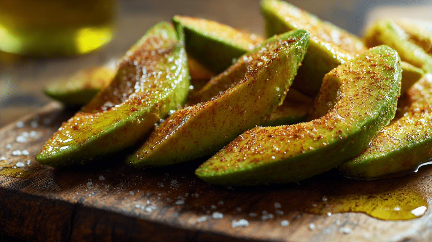 Avocado wedges airfryer servis sur une assiette, prêts à être savourés