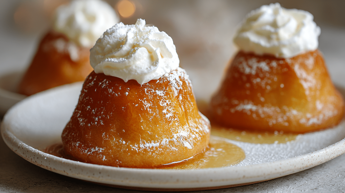 Babas au rhum airfryer garnis de crème et de fruits, prêts à déguster.