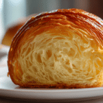 Brioche feuilletée au airfryer garnie de confiture et fruits, prête à être dégustée.