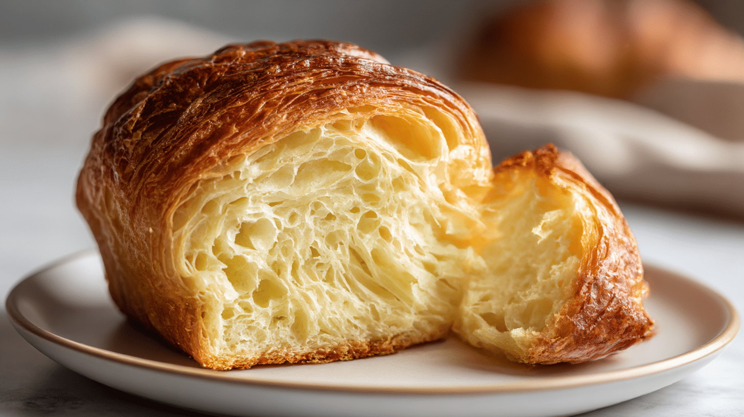 Brioche feuilletée au airfryer servie dans une assiette élégante, avec un soupçon de sucre glace.