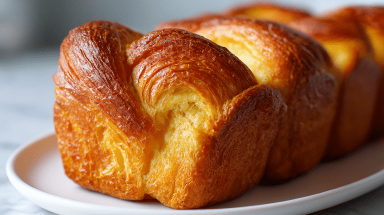 Brioche feuilletée au airfryer croustillante vue de haut montrant ses couches délicates.