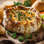 Camembert rôti airfryer servi avec des morceaux de pain croustillant