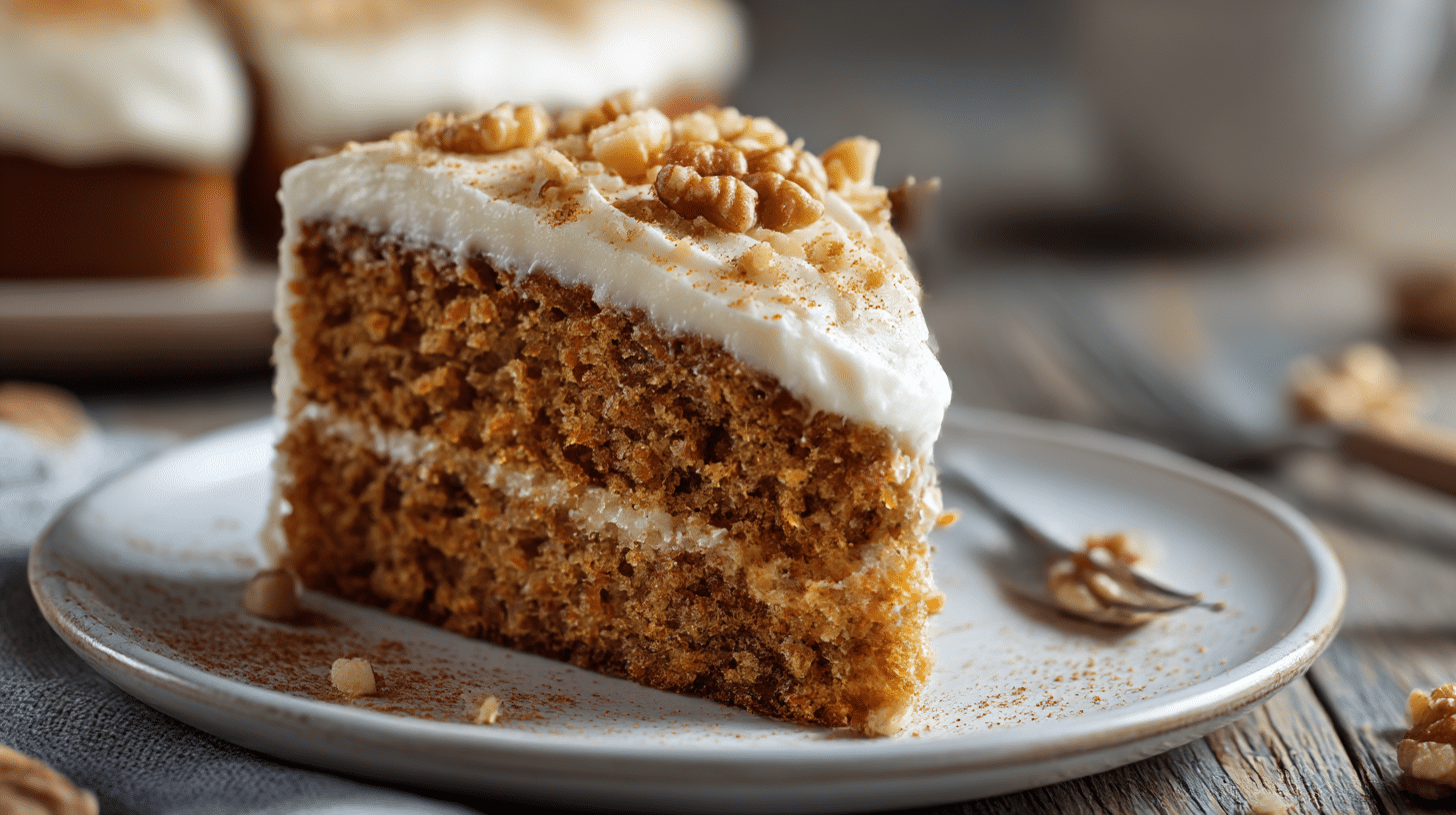 Carrot cake airfryer servi sur une assiette décorée, parfait pour un goûter.