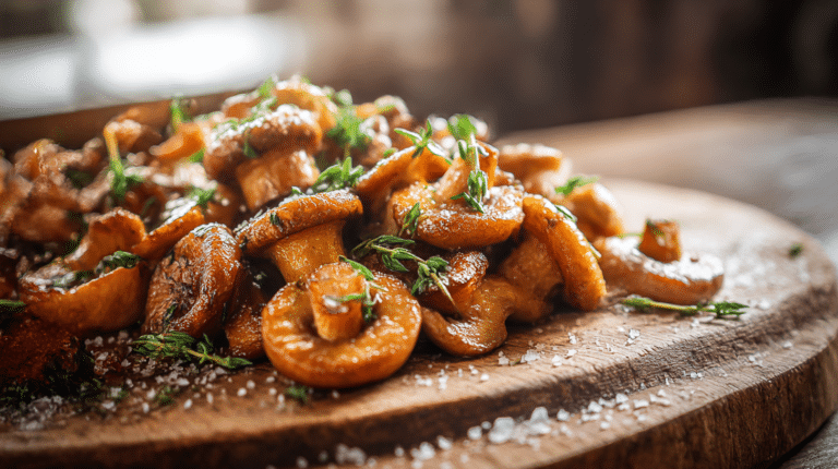 Champignons airfryer croustillants présentés dans un plat avec garnitures
