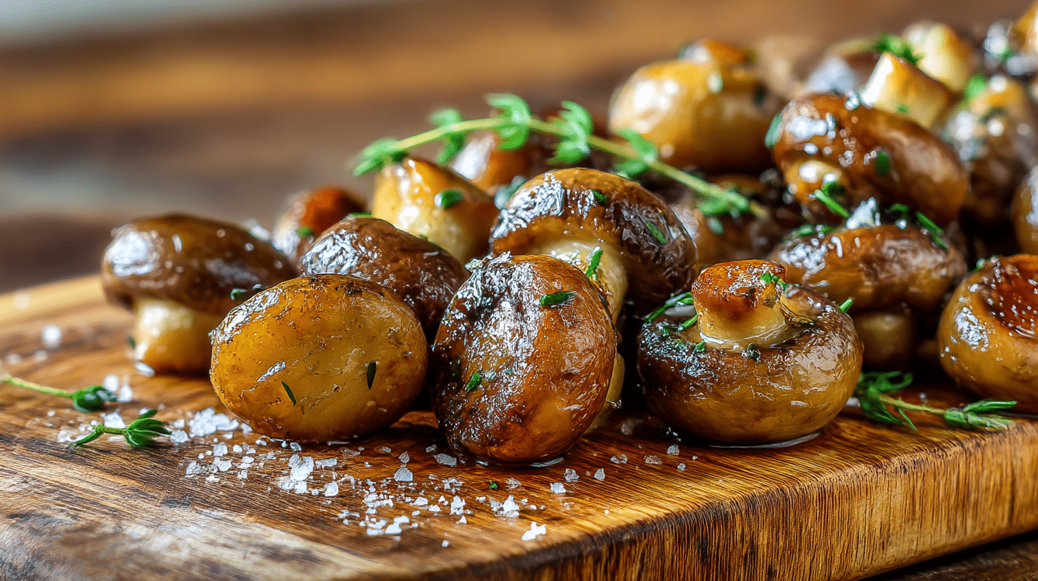 Champignons airfryer sains présentés sur une table en bois avec des herbes
