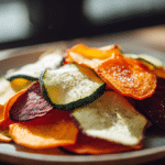 Chips légumes en train de cuire dans l'airfryer, avec une belle couleur dorée.