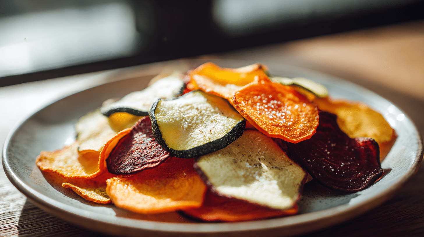 Chips légumes en train de cuire dans l'airfryer, avec une belle couleur dorée.