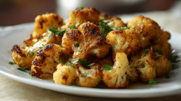 Chou-fleur airfryer croustillant en vue haute, parfaitement doré et savoureux.