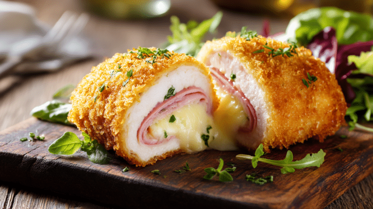 Cordon bleu surgelé airfryer croustillant servi avec une sauce