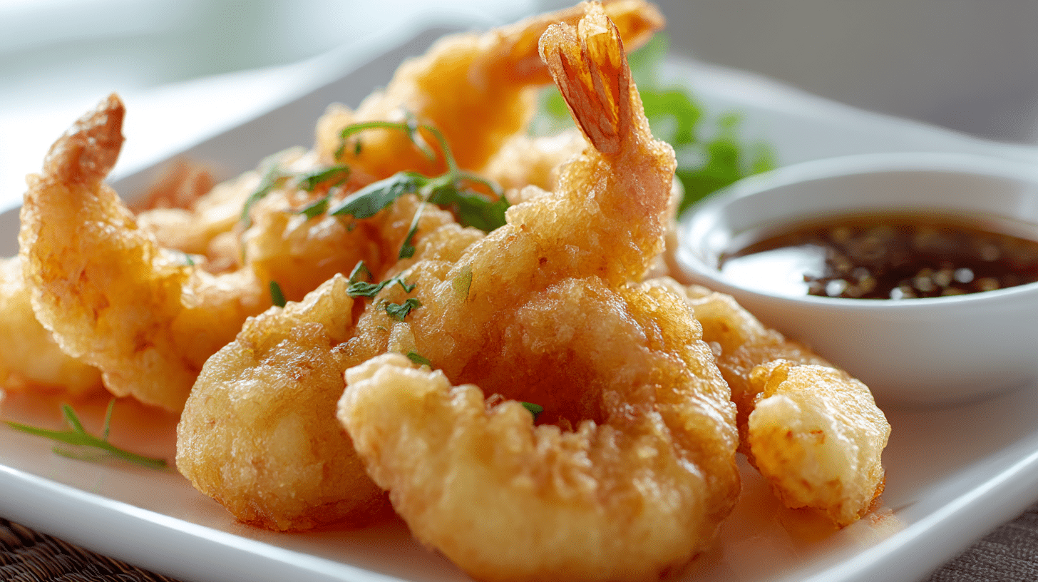 Crevettes tempura airfryer croustillantes sur assiette, prêtes à être dégustées.