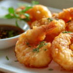 Crevettes tempura airfryer en cours de cuisson, prêtes en un rien de temps.