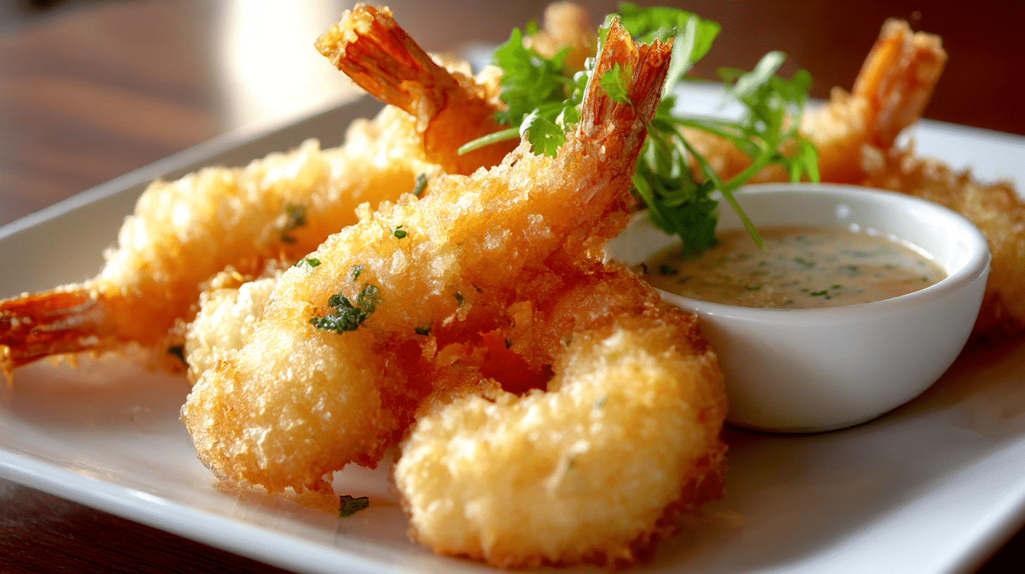Crevettes tempura airfryer servies chaudes avec une sauce à tremper.