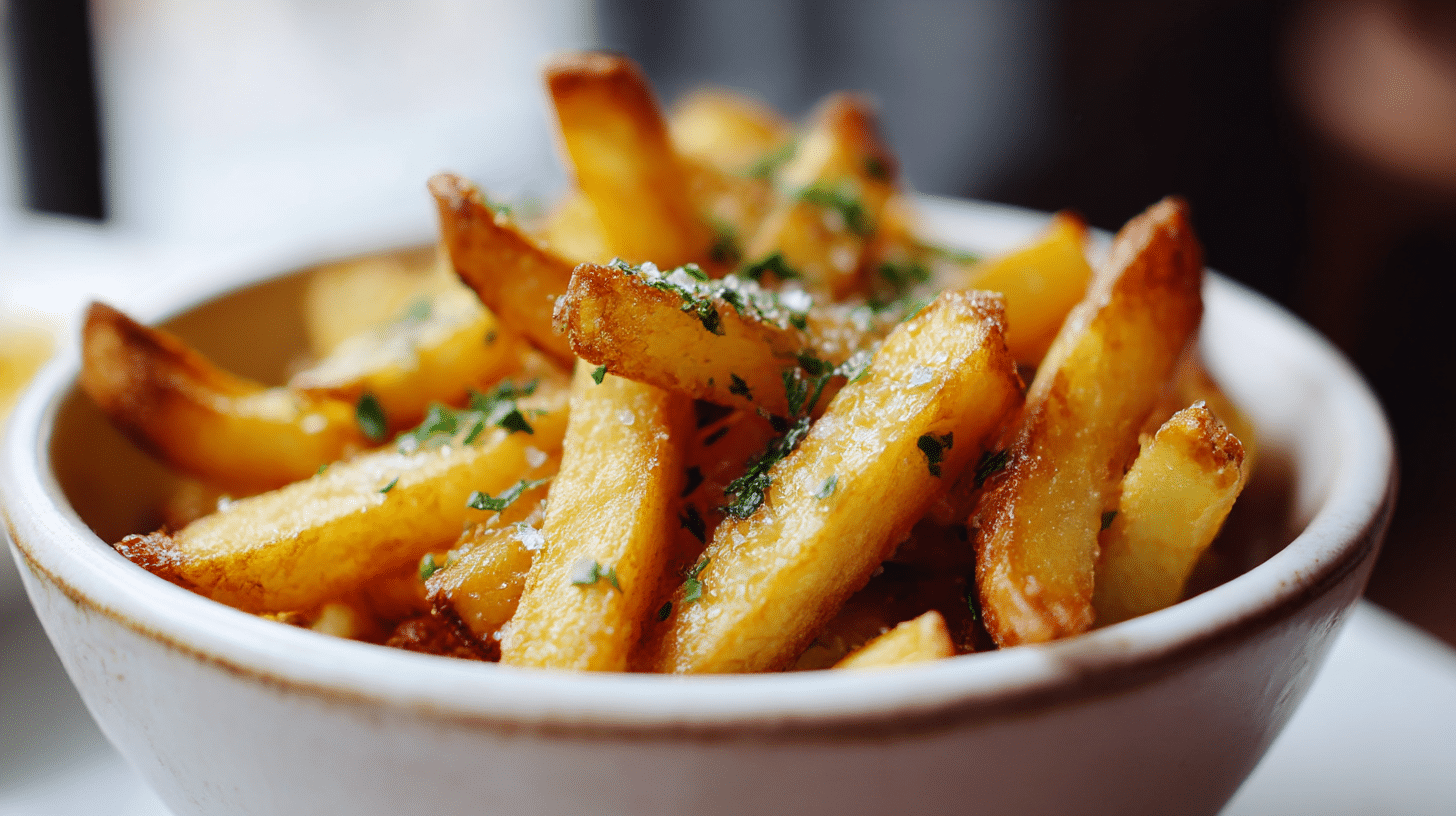 Frites au airfryer chaudes servies dans un bol en métal.