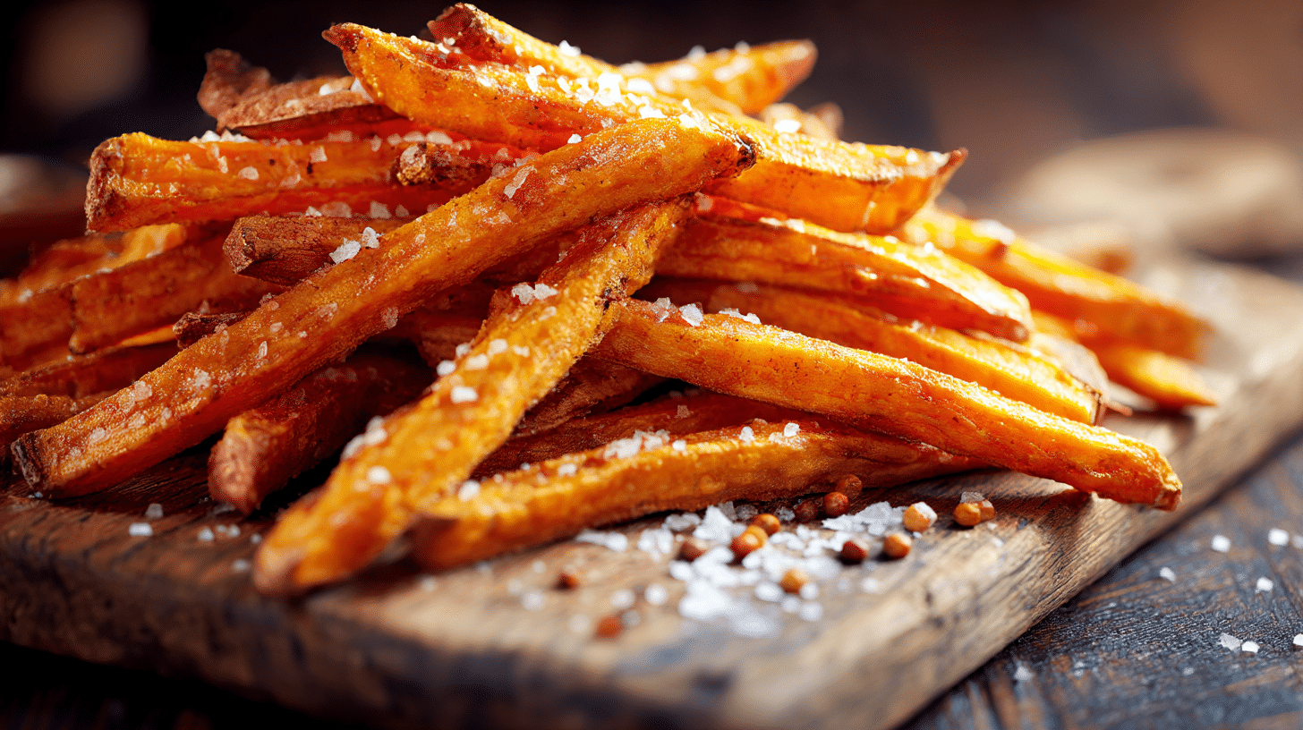 Frites patate douce airfryer croustillantes sur une assiette blanche