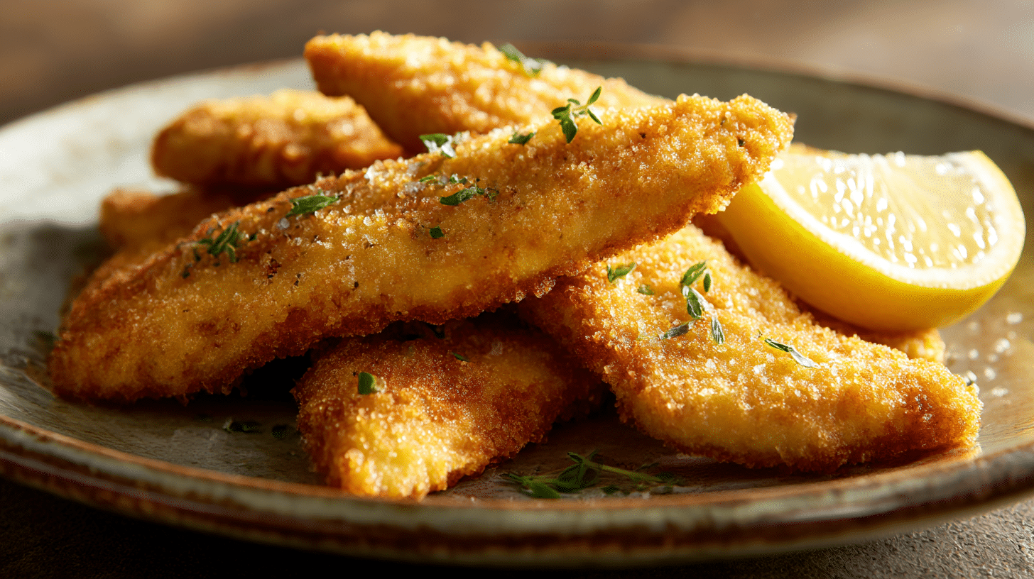 Fritures de poisson au airfryer, croustillantes et dorées, présentées sur une assiette.