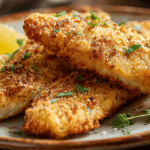Fritures de poisson au airfryer, parfaitement présentées avec des épices sur le dessus.