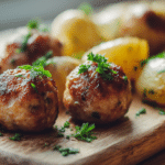 Keftas porc avec pommes de terre cuites à l'airfryer, mises en scène avant la cuisson.