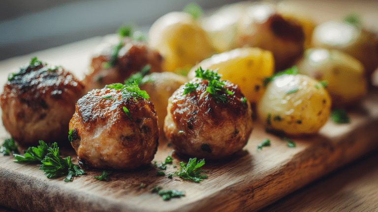 Keftas porc avec pommes de terre cuites à l'airfryer, mises en scène avant la cuisson.