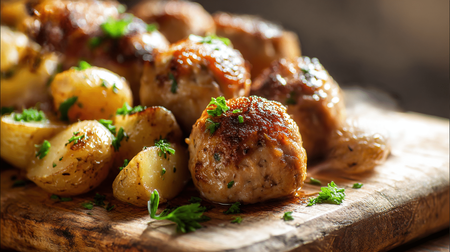 Plat de keftas porc avec pommes de terre servi à l'airfryer.
