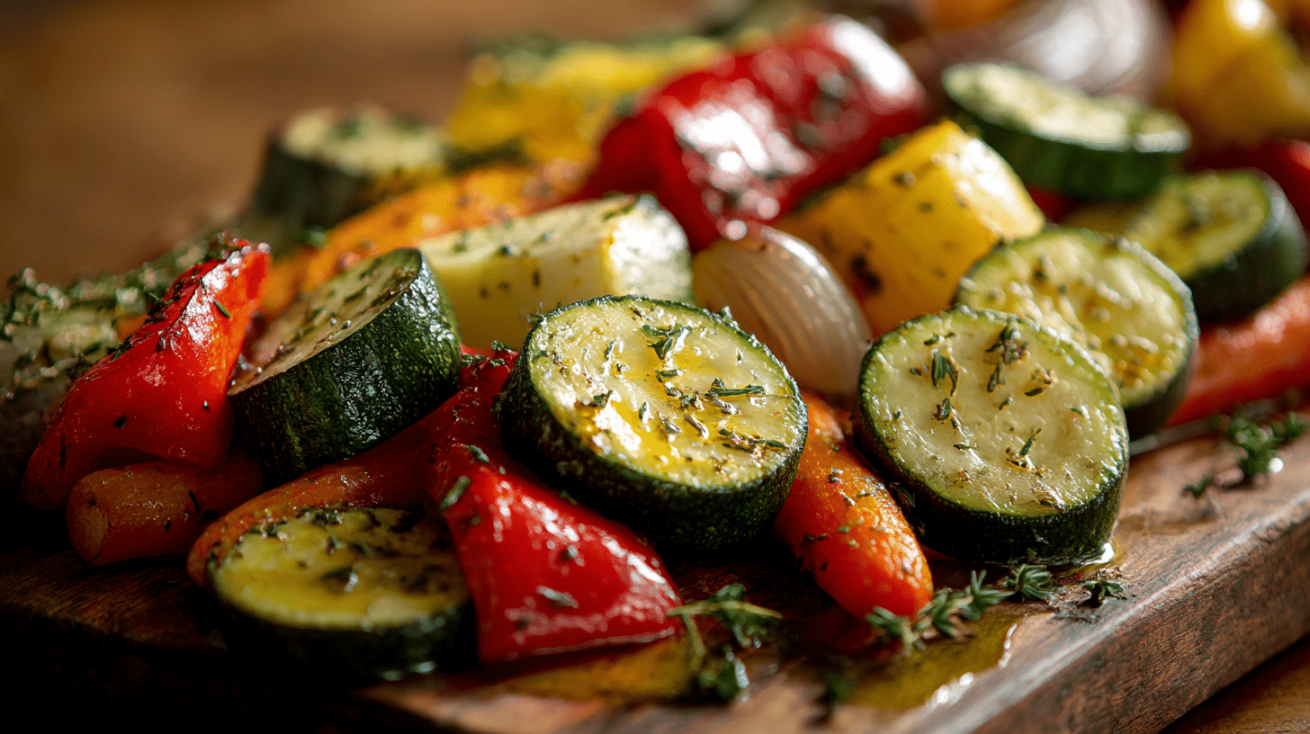 Assiette de légumes au airfryer, visuellement attrayants et gourmands.