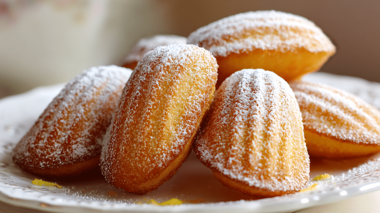 Madeleines moelleuses airfryer présentées sur un plat, croustillantes et dorées.