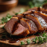 Magret de canard airfryer croustillant, sorti de l'appareil avec une belle dorure.