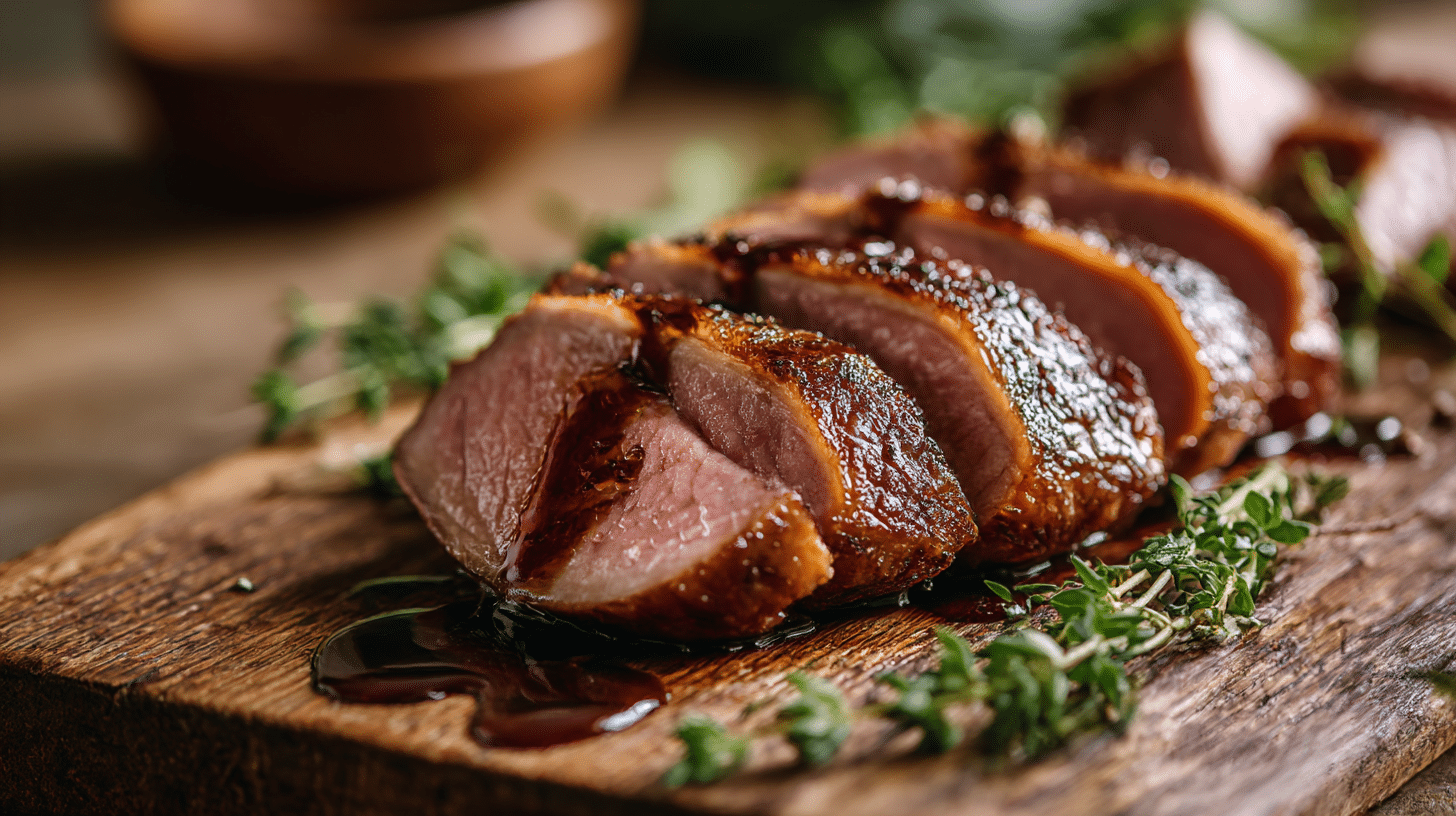 Magret de canard airfryer croustillant, sorti de l'appareil avec une belle dorure.