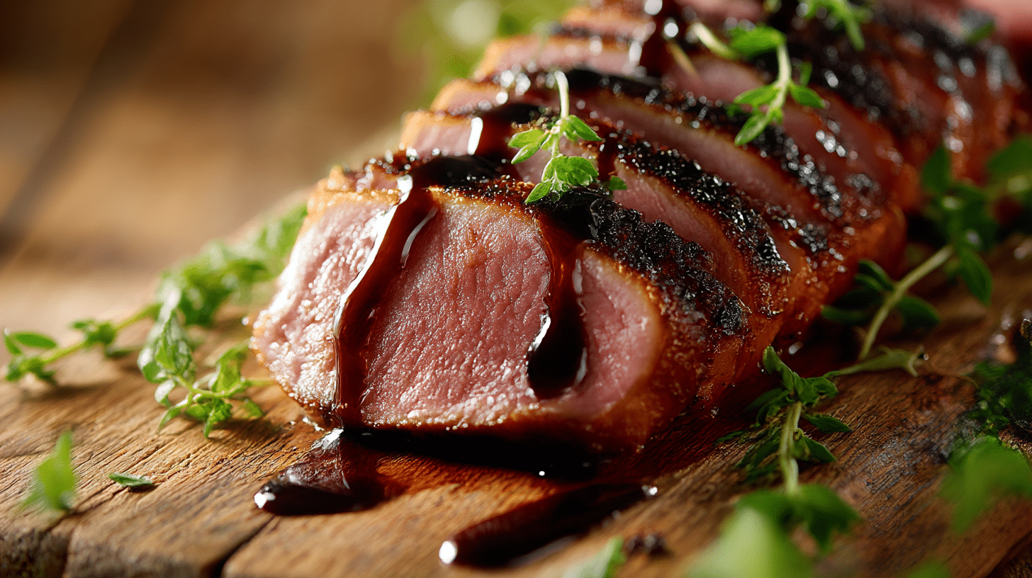 Gros plan sur la texture croustillante du magret de canard airfryer.