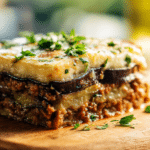 Moussaka airfryer croustillante dans un plat élégant, prête à être dégustée.