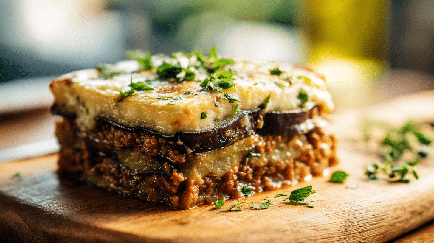 Moussaka airfryer croustillante dans un plat élégant, prête à être dégustée.