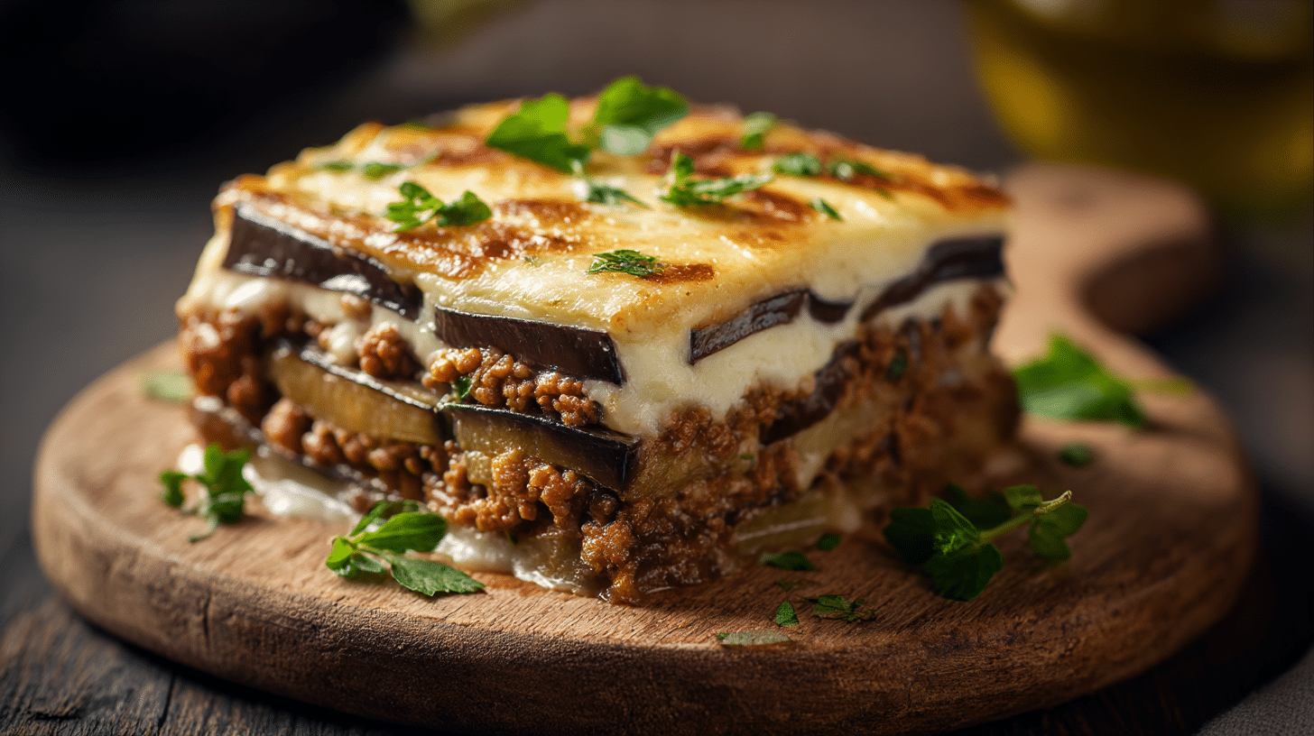 Une portion de moussaka airfryer montrant sa texture croustillante à l'intérieur.