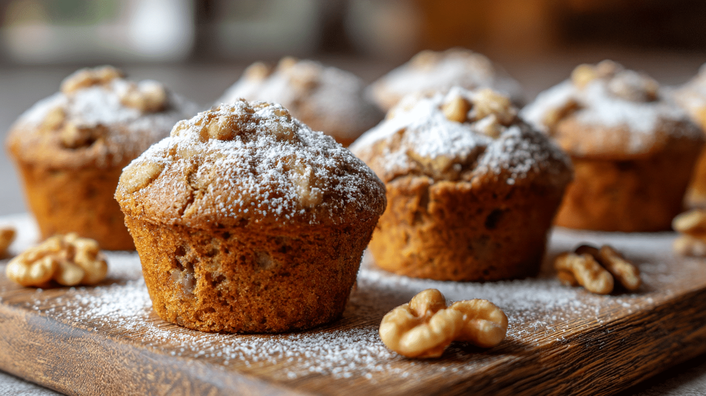Muffins noix airfryer coupés en deux, montrant leur moelleux intérieur.