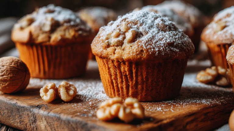 Muffins noix airfryer croustillants vus du dessus, parfaits pour un snack sain.
