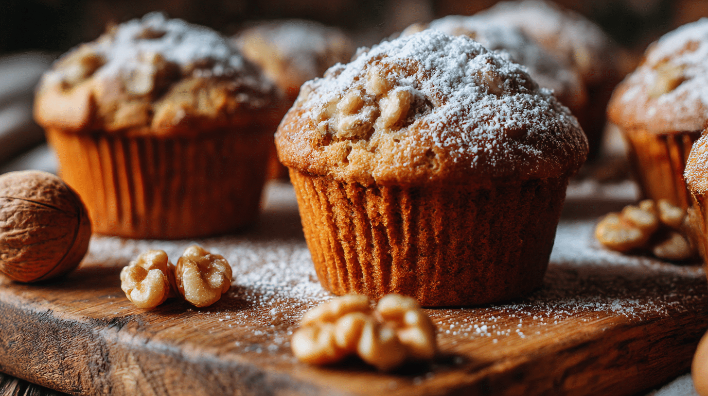 Muffins noix airfryer croustillants vus du dessus, parfaits pour un snack sain.