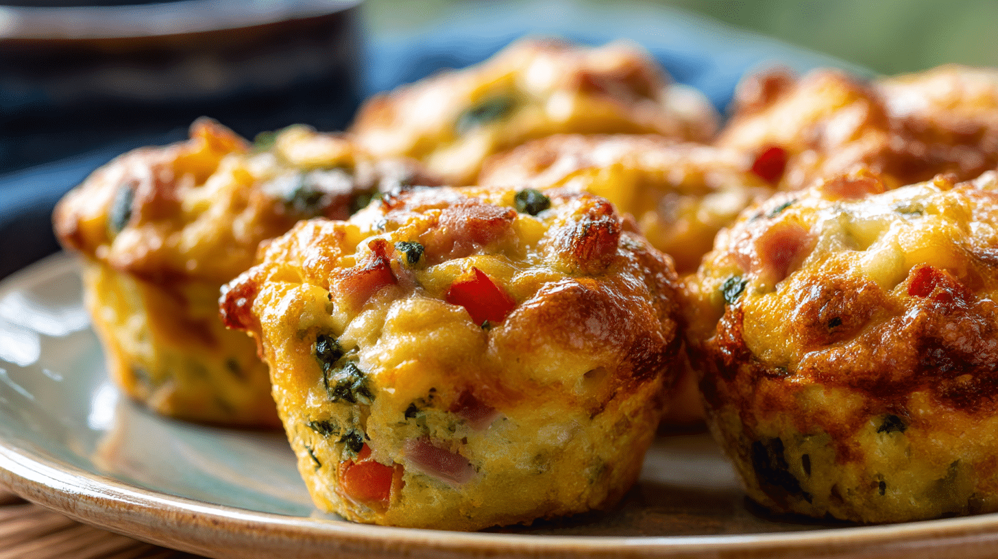 Gros plan sur des muffins salés airfryer montrant leur garniture savoureuse.