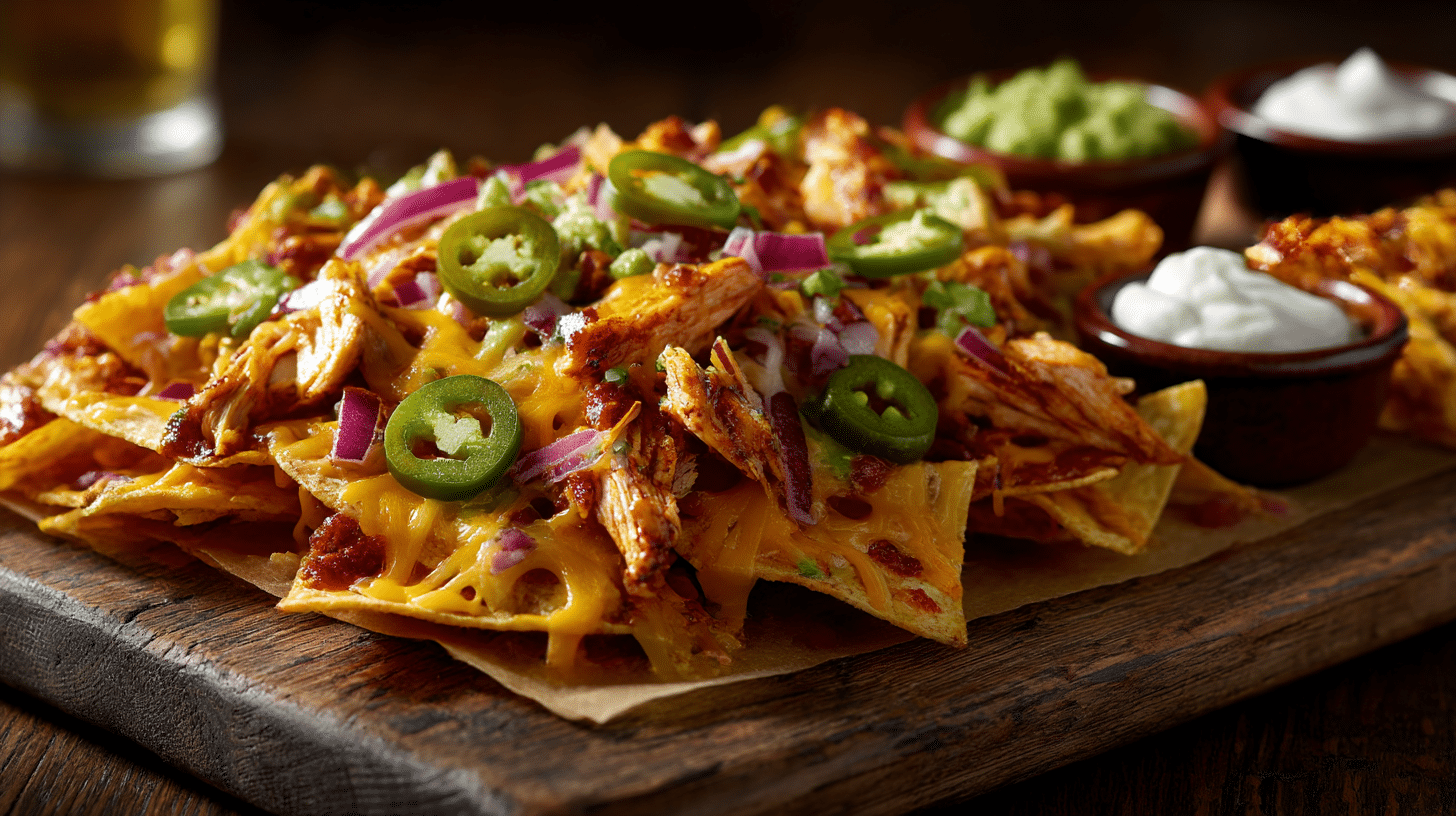 Assiette de nachos poulet grillé airfryer avec sauce et guacamole.