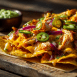 Nachos poulet grillé airfryer présentés avec garnitures fraîches.