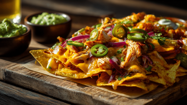 Nachos poulet grillé airfryer présentés avec garnitures fraîches.