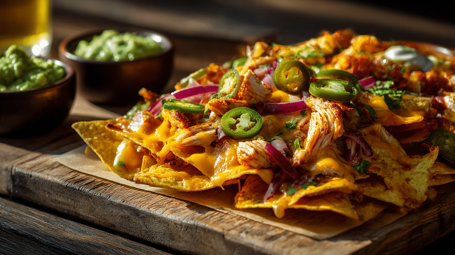 Nachos poulet grillé airfryer présentés avec garnitures fraîches.
