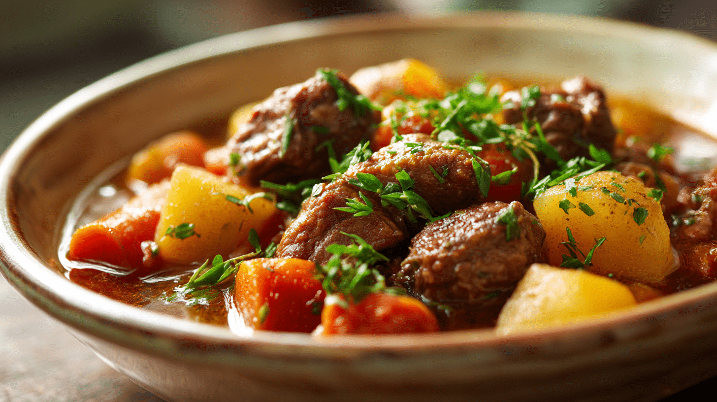 Une assiette de navarin d'agneau croustillant cuit à l'airfryer, prête à être dégustée.