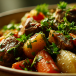 Un navarin d'agneau croustillant préparé à l'airfryer, mettant en valeur les légumes colorés.