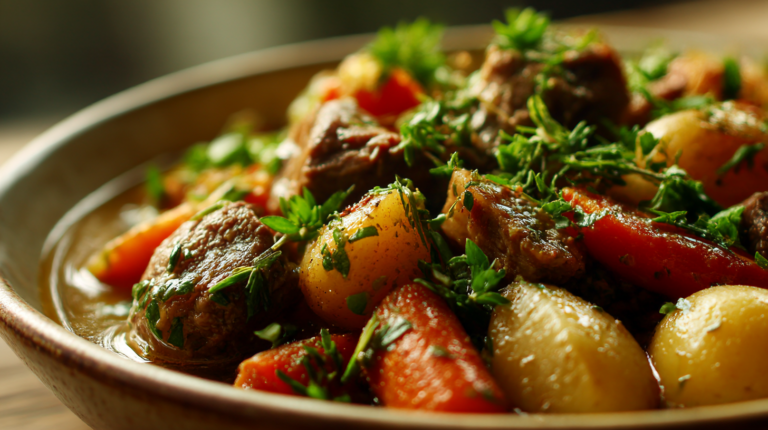Un navarin d'agneau croustillant préparé à l'airfryer, mettant en valeur les légumes colorés.