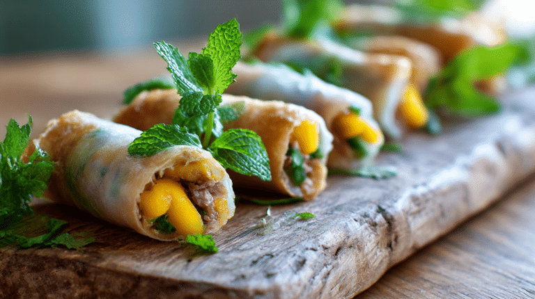 Nems canard mangue airfryer présentés dans une assiette, croustillants et délicieux.