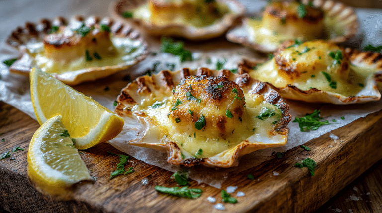 noix saint jacques gratinées airfryer joliment présentées sur une assiette