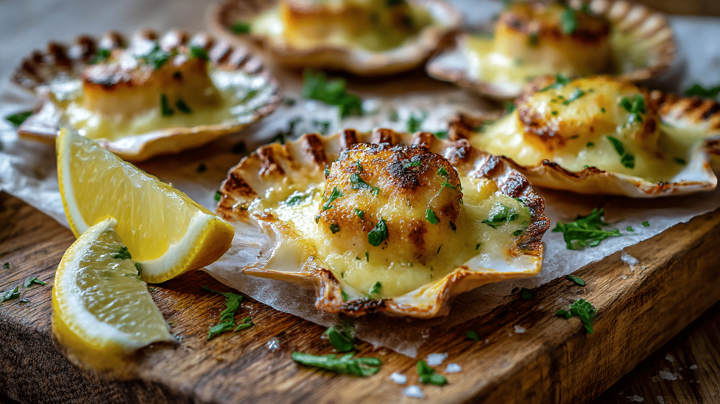 noix saint jacques gratinées airfryer joliment présentées sur une assiette