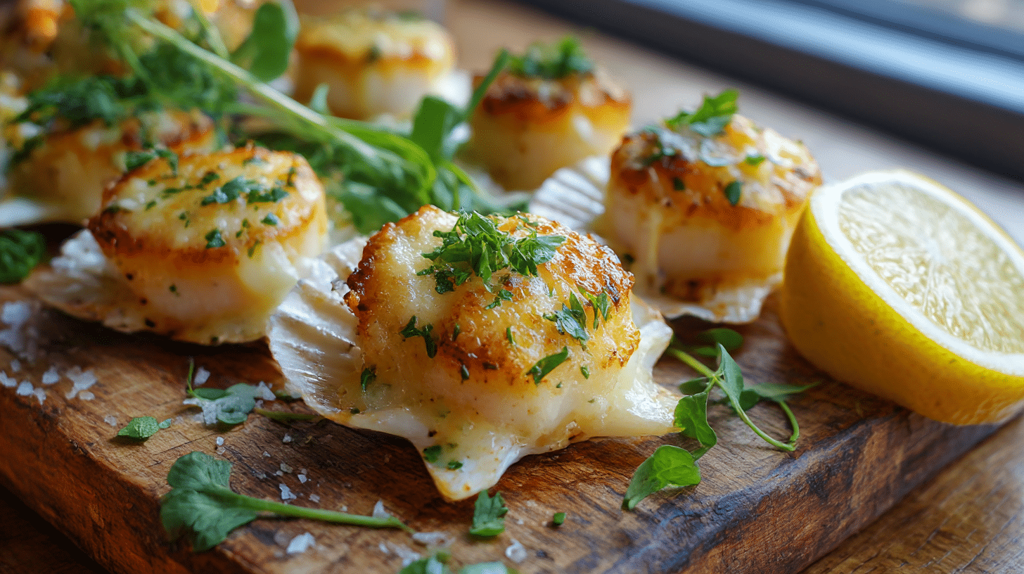 noix saint jacques gratinées airfryer servies avec une garniture fraîche