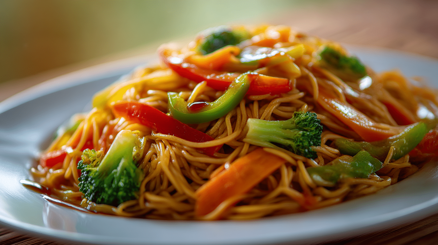 Nouilles sautées légumes airfryer dans la cuisson, montrant leur croustillant doré.