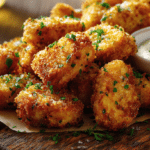 gros plan sur des nuggets maison airfryer croustillants, montrant leur texture parfaite.