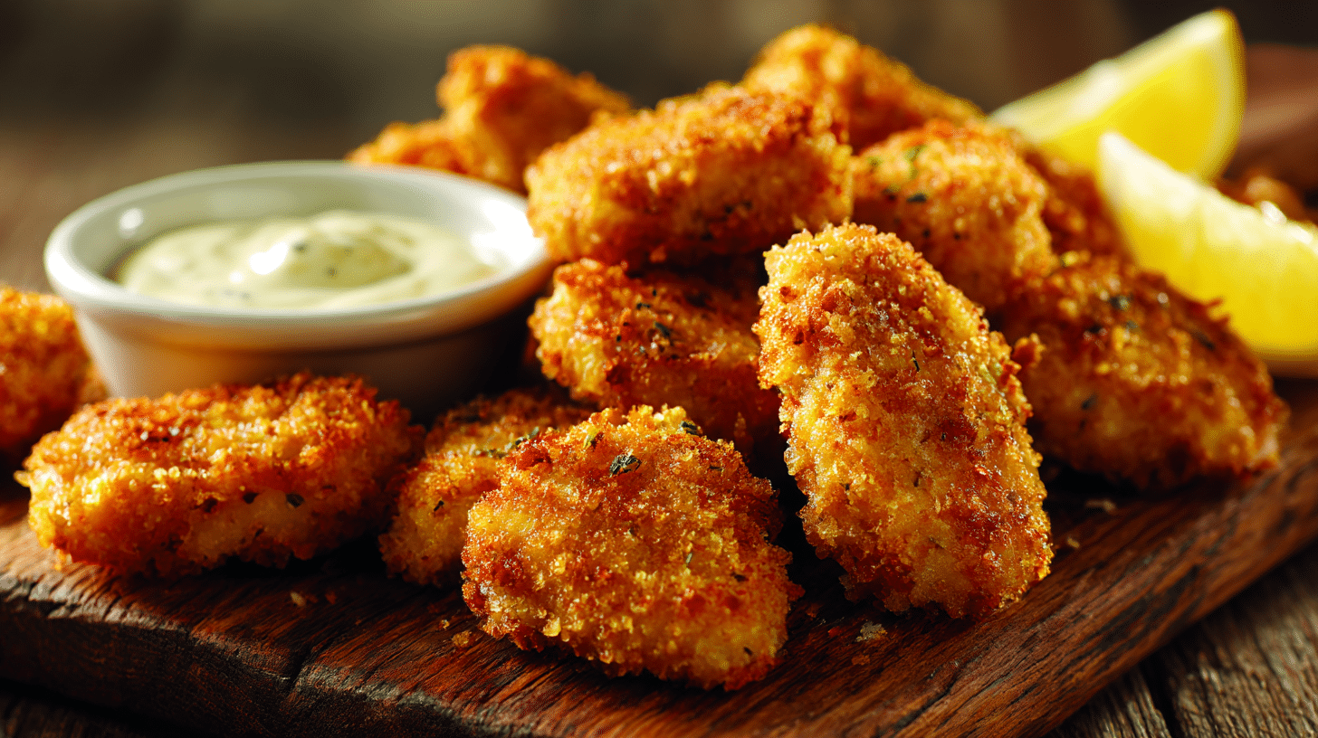 nuggets maison airfryer servis sur une assiette, accompagnés de sauce.