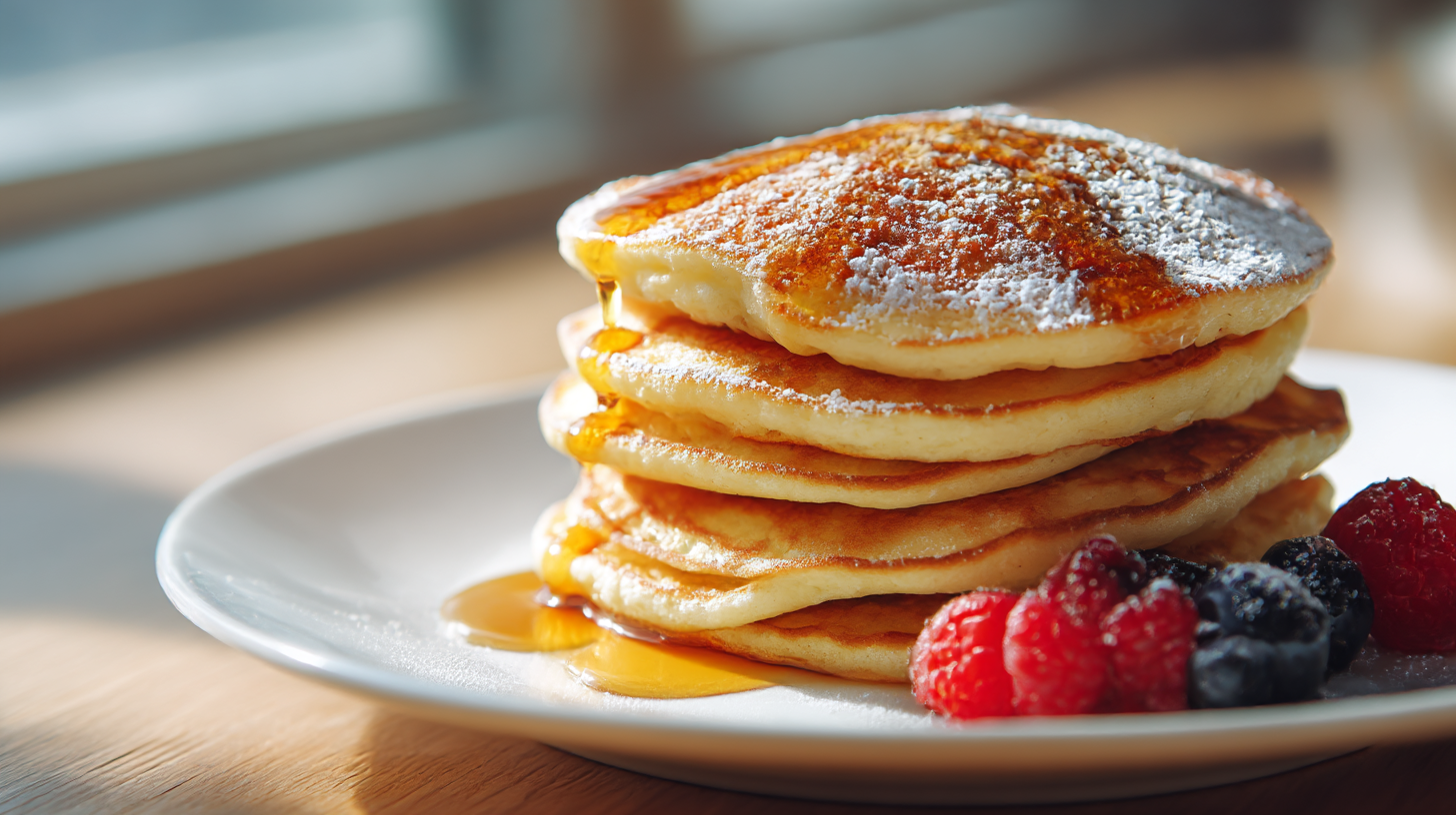 Pancakes airfryer dorés et croustillants présentés sur une assiette blanche.
